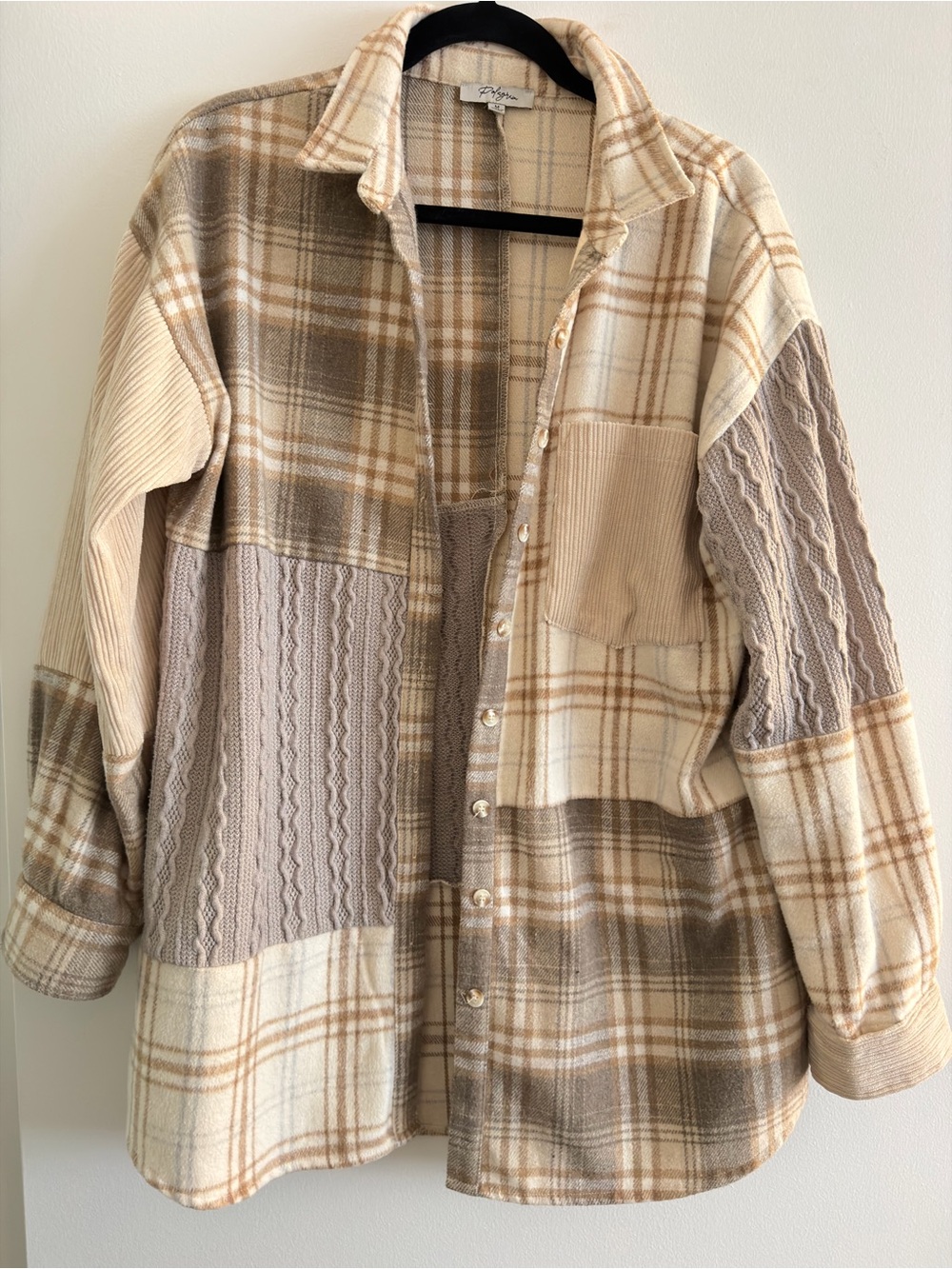 Women’s Oversized Patchwork Cable-Knit Flannel Button-Up Shirt Jacket - Beige